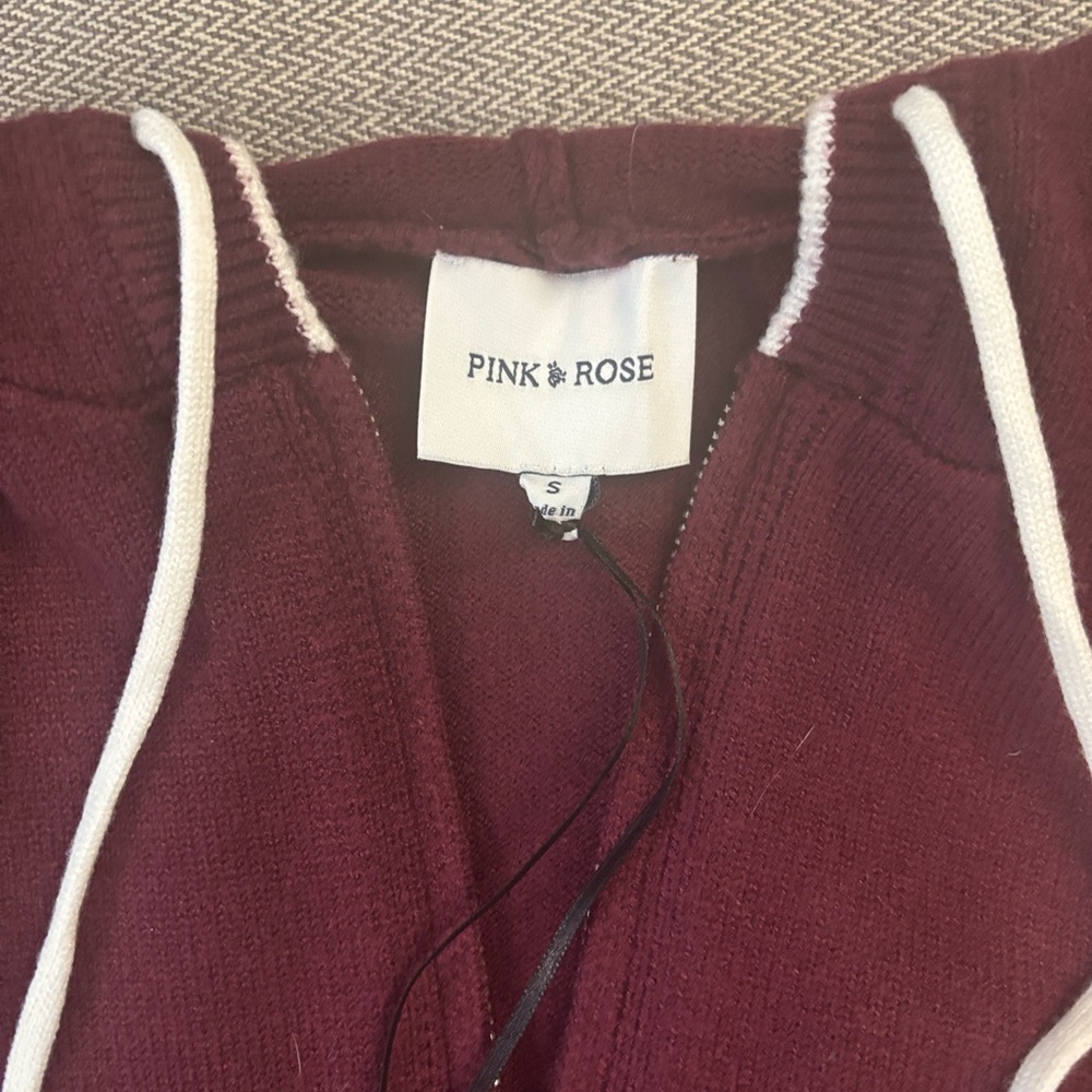 Pink Rose Maroon Zip Hoodie with White Trim - Picture 2 of 6